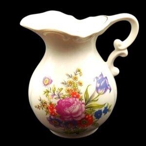 Vintage Ceramic Floral Spray Juice Milk Pitcher Creamer Gold Trim Victorian